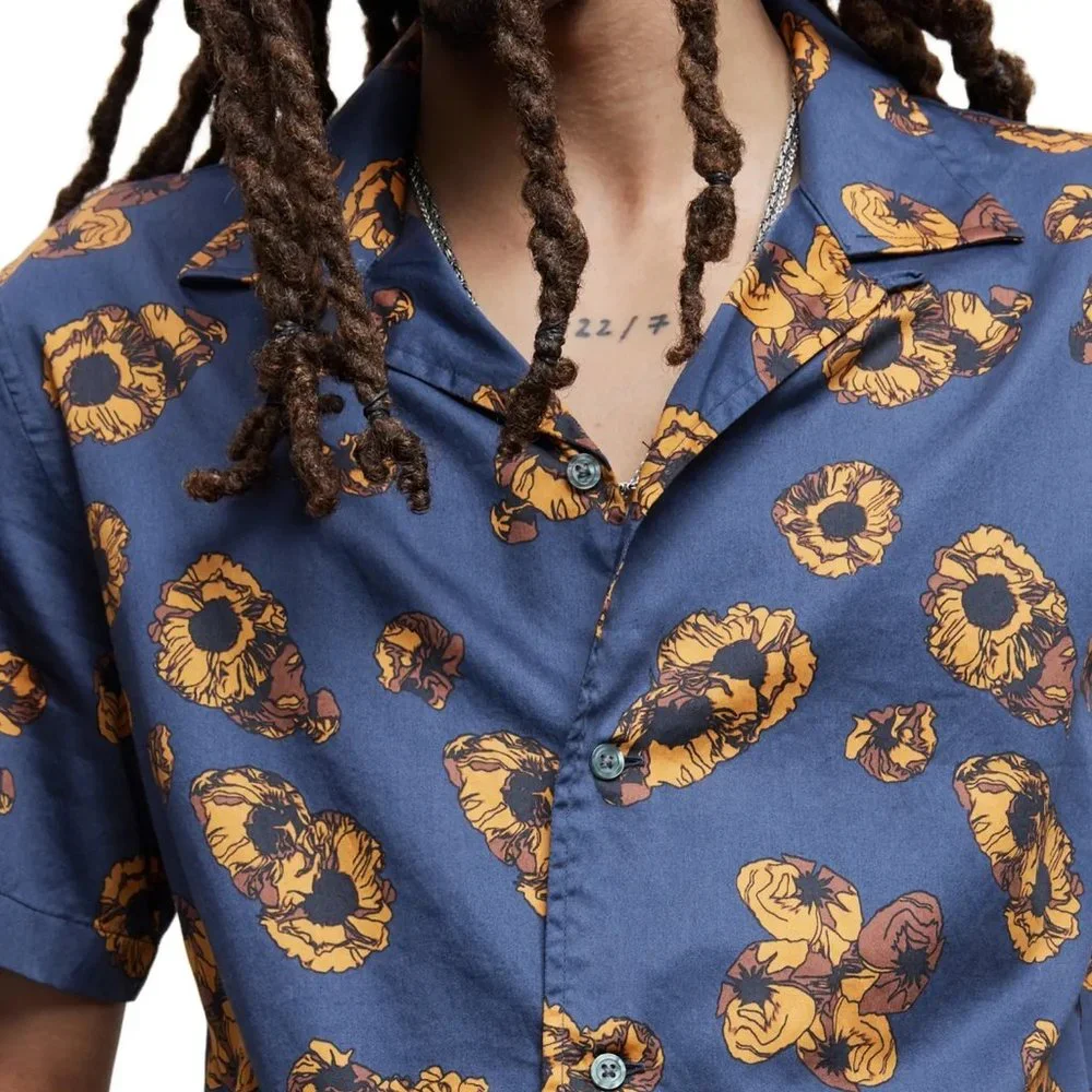 John Varvatos Men's Danny Bold Floral Print Cotton SS Button Camp Shirt Blue L - Picture 2 of 6